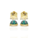 Beautiful Pearl Stone And Green Enamel Jumka Earring For Gift