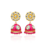 Yellow Gold Plated Red Enamel With Red Stone Jumka Earring