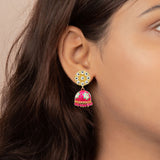 Yellow Gold Plated Red Enamel With Red Stone Jumka Earring