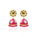 Yellow Gold Plated Red Enamel With Red Stone Jumka Earring