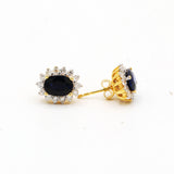 14K Yellow Gold Natural Blue Sapphire Oval Cut Gemstone With Diamond Stud Earring