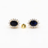 14K Yellow Gold Natural Blue Sapphire Oval Cut Gemstone With Diamond Stud Earring
