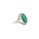 18K White Gold Oval Shaped Natural Emerald Gemstone And Diamond Ring
