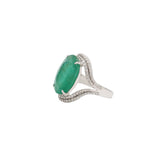18K White Gold Oval Shaped Natural Emerald Gemstone And Diamond Ring