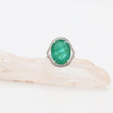 18K White Gold Oval Shaped Natural Emerald Gemstone And Diamond Ring