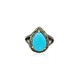 Pear Shaped Turquoise, Emerald Gemstone And Diamond 925 Silver Ring