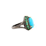 Pear Shaped Turquoise, Emerald Gemstone And Diamond 925 Silver Ring