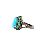 Pear Shaped Turquoise, Emerald Gemstone And Diamond 925 Silver Ring