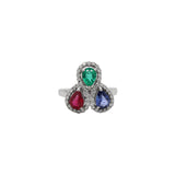 18K White Gold Natural Ruby, Emerald, Sapphire Healing Gemstone And Diamond Ring
