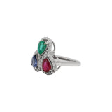 18K White Gold Natural Ruby, Emerald, Sapphire Healing Gemstone And Diamond Ring