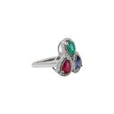 18K White Gold Natural Ruby, Emerald, Sapphire Healing Gemstone And Diamond Ring