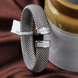 Sterling Silver Mesh Bracelet with CZ Accents Elegant Unisex Beaded Cuff