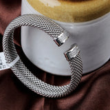 Sterling Silver Mesh Bracelet with CZ Accents Elegant Unisex Beaded Cuff