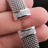 Sterling Silver Mesh Bracelet with CZ Accents Elegant Unisex Beaded Cuff