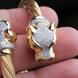 Gold Plated Panther Head Cable Bracelet with CZ Accents Luxury Designer Cuff
