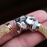 Gold Plated Panther Head Bracelet with CZ & Green Eyes Designer Mesh Cuff