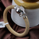Gold Plated Panther Head Bracelet with CZ & Green Eyes Designer Mesh Cuff