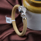 Gold Plated Panther Head Bracelet with CZ & Green Eyes Designer Mesh Cuff
