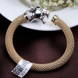 Gold Plated Panther Head Bracelet with CZ & Green Eyes Designer Mesh Cuff