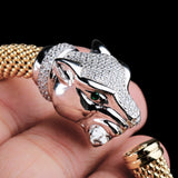 Gold Plated Panther Head Bracelet with CZ & Green Eyes Designer Mesh Cuff