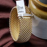 Gold Plated Beaded Mesh Bracelet with CZ Clasp Elegant Statement Cuff