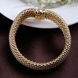 Gold Plated Beaded Mesh Bracelet with CZ Clasp Elegant Statement Cuff
