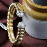 Gold Plated Coil Bracelet with CZ Dome Ends Elegant Designer Cuff Bangle