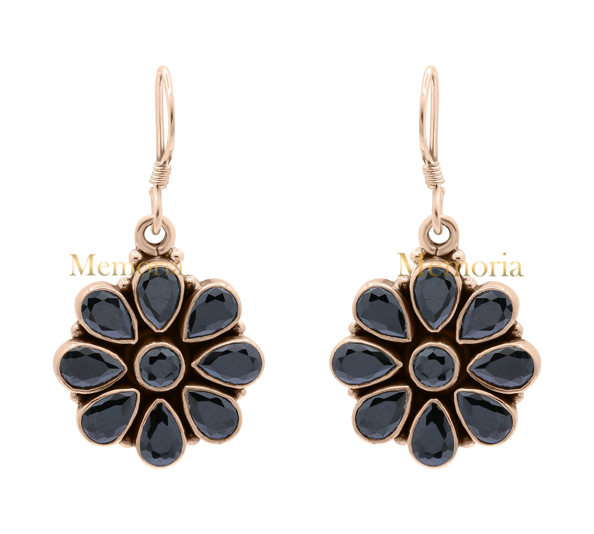 Floral Natural Black Onyx Gemstone 925 Sterling Silver Gold Plated Drop Earring