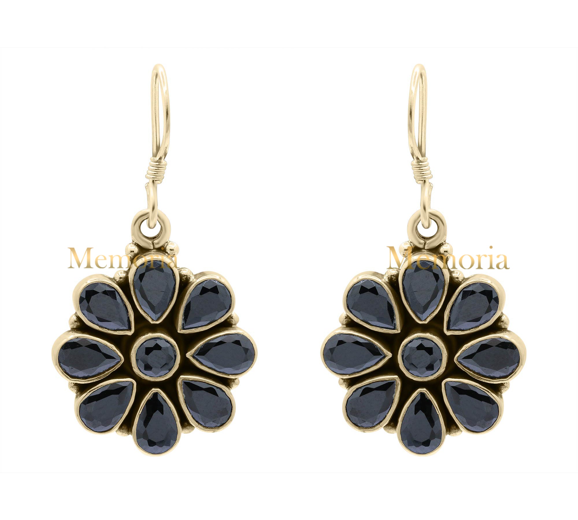 Floral Natural Black Onyx Gemstone 925 Sterling Silver Gold Plated Drop Earring