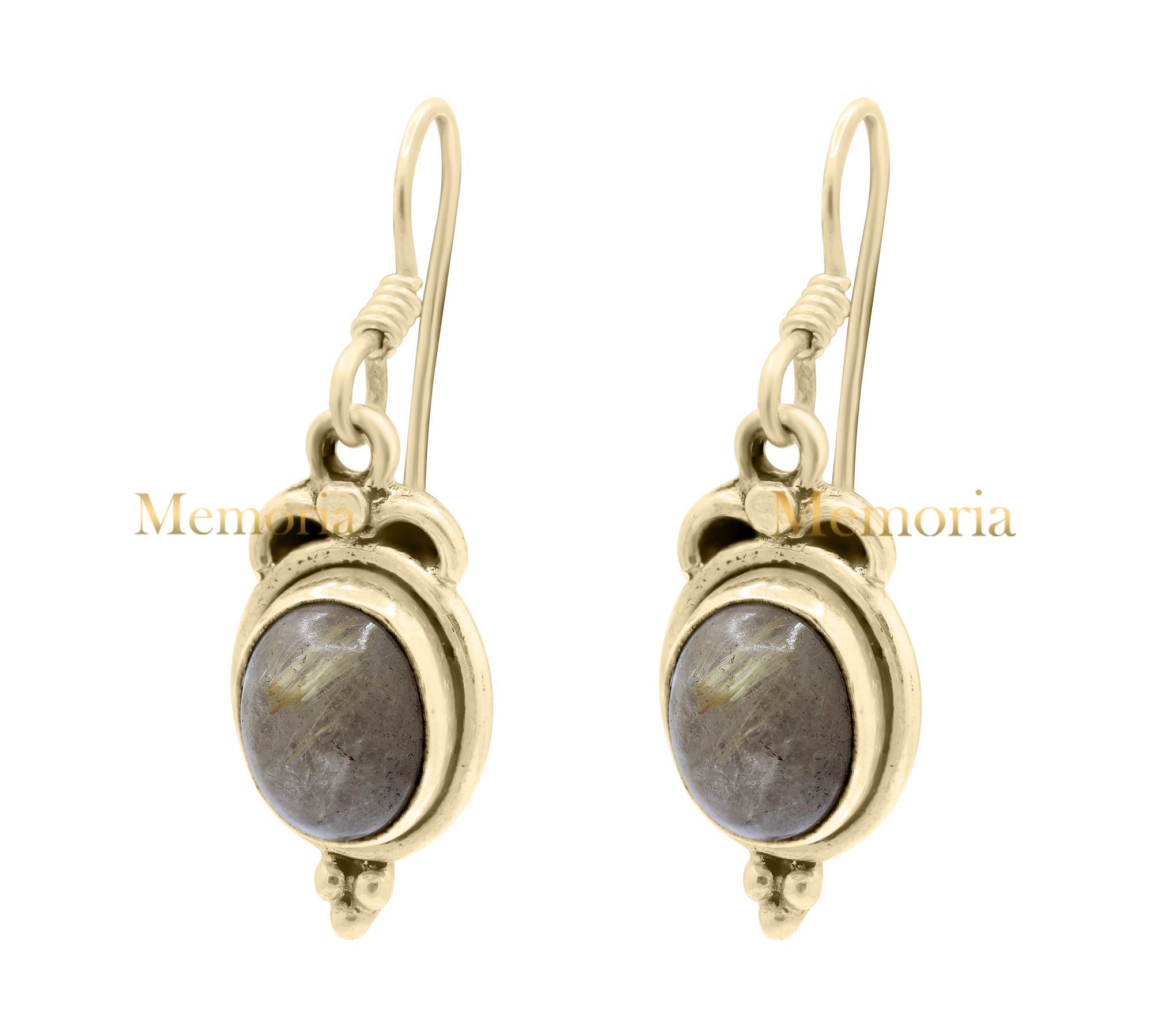 Golden Rutilated Quartz Gemstone 925 Sterling Silver Gold Plated Drop Earring