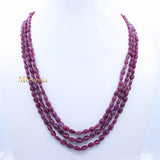 Certified 3 Line Natural Ruby Oval Cabochon Spiritual Healing Gemstone Beads Strand Necklace