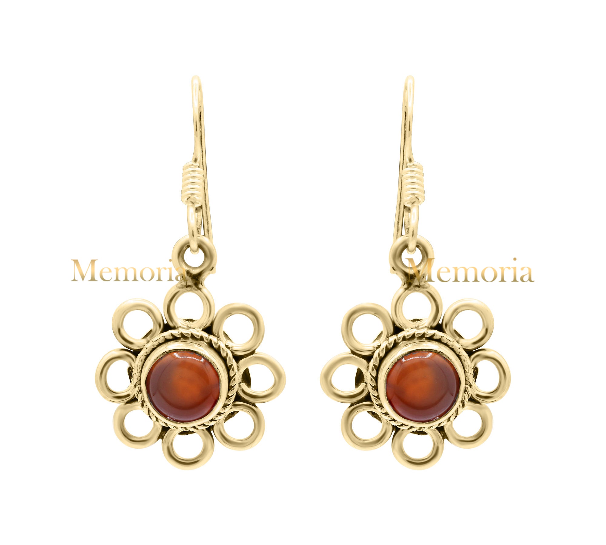 Flower Shaped Drop Dangle Gold Plated Carnelian Gemstone 925 Sterling Silver Earring