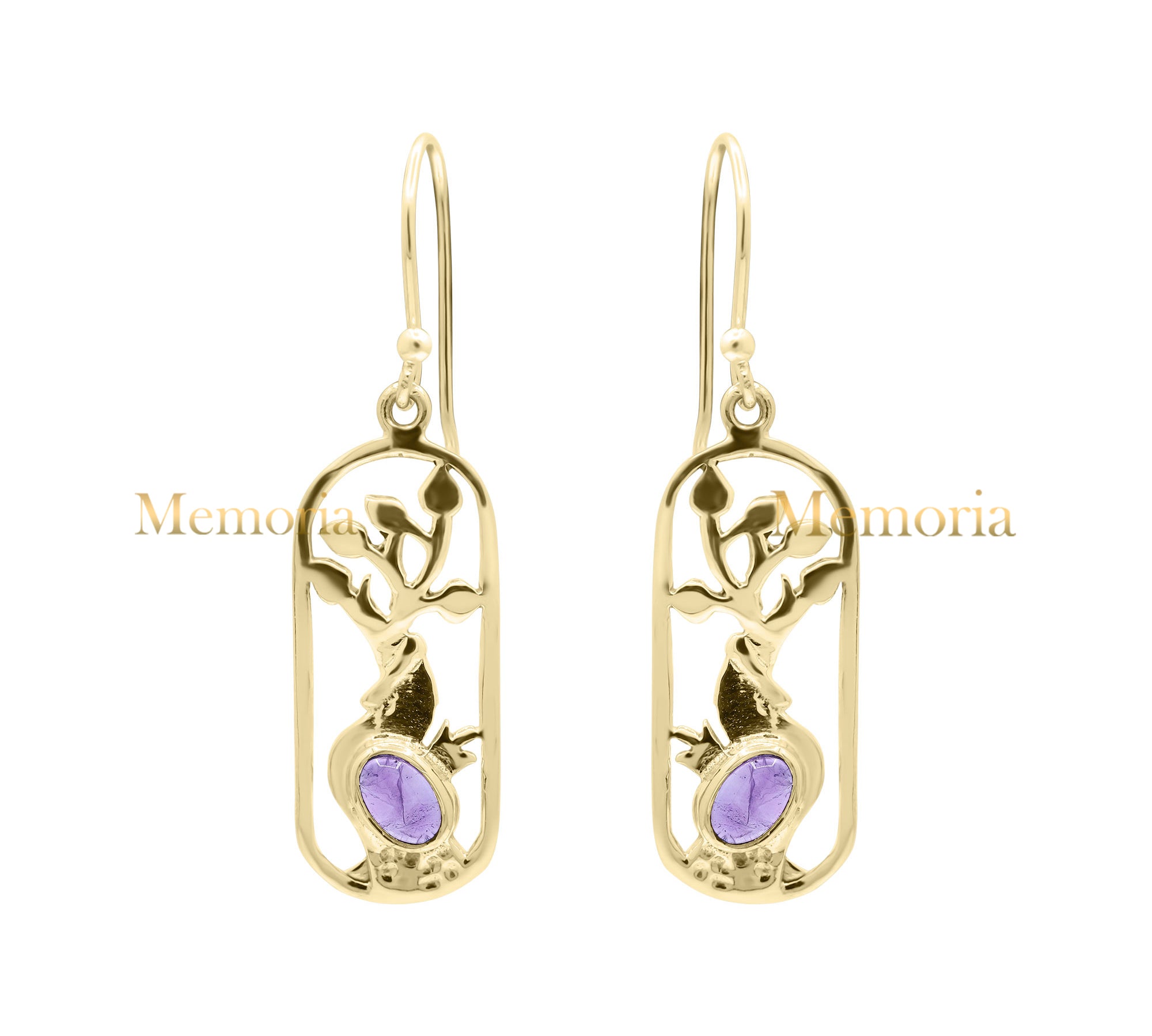 Natural Oval Cut Amethyst Gemstone 925 Sterling Silver Gold Plated Drop Earring