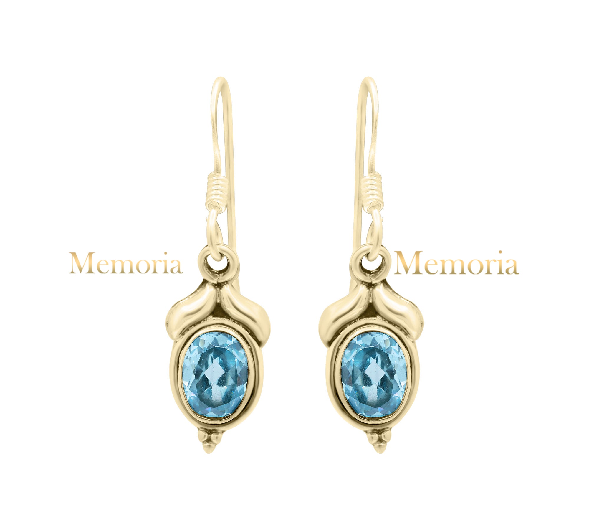 Natural Blue Topaz Gemstone 925 Sterling Silver Gold Plated Earring