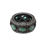 Black Rhodium Plated Natural Emerald Gemstone and Diamond 925 Sterling Silver Band Ring