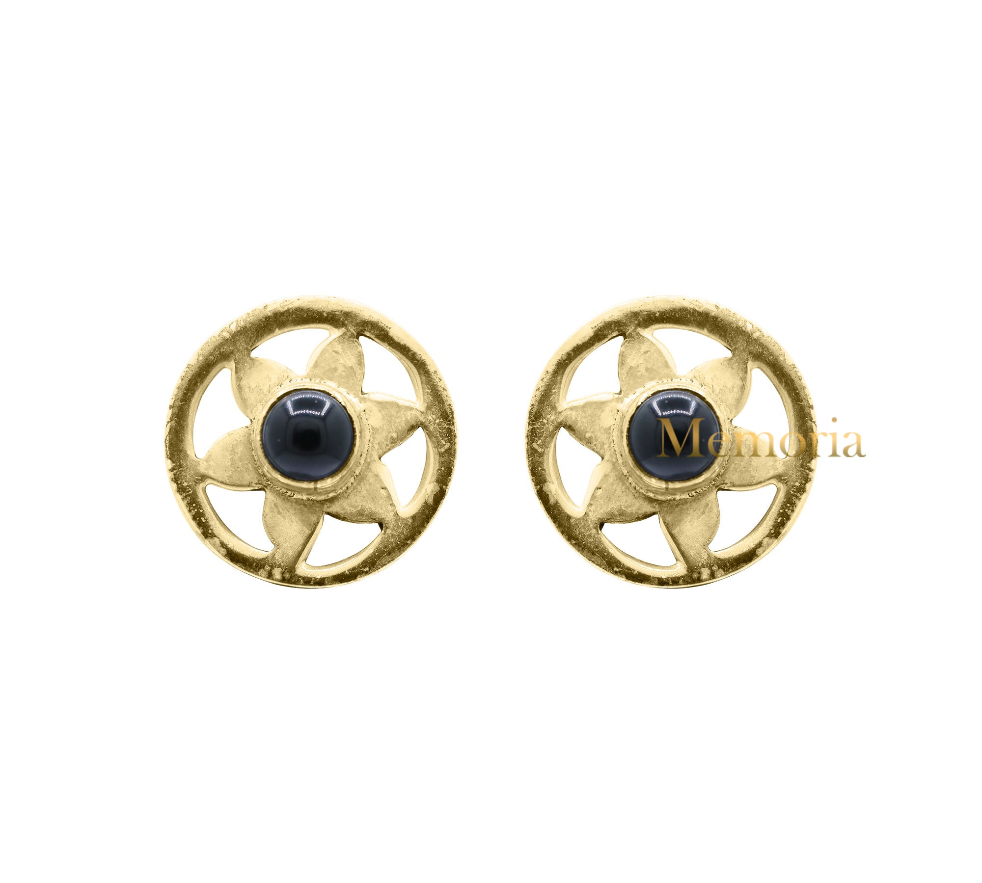 Flower Design Black Onyx Gemstone 925 Sterling Silver Gold Plated Stud Earring