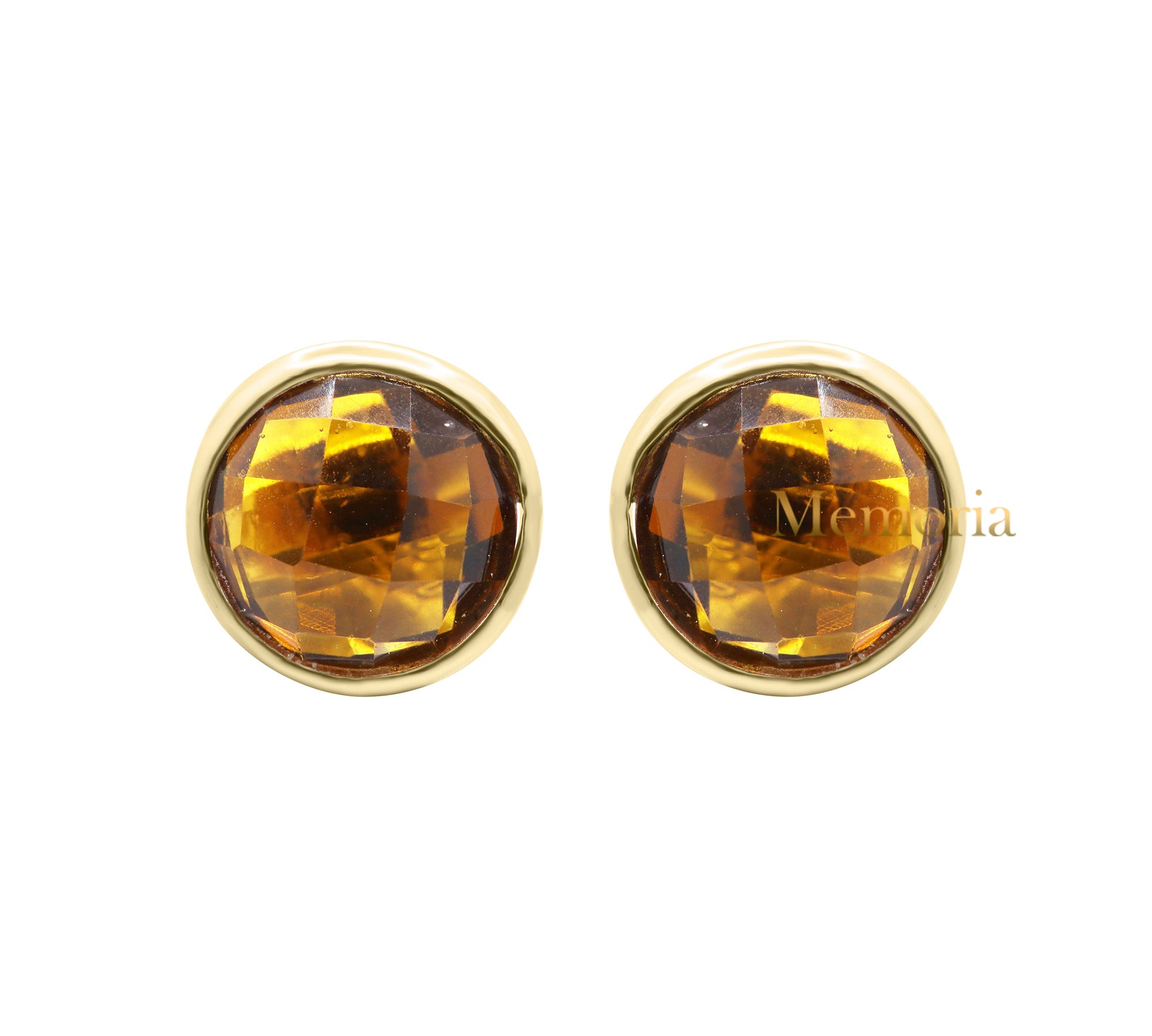 Natural Citrine Gemstone 925 Sterling Silver Gold Plated Bezel Set Stud Earring