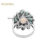 Natural Opal, Emerald and Diamond 925 Silver Designer Ring