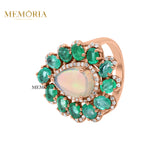 Natural Opal, Emerald and Diamond 925 Silver Designer Ring