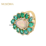 Natural Opal, Emerald and Diamond 925 Silver Designer Ring