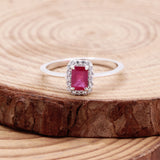 Ruby Sterling Silver Ring Natural Pink Gemstone with CZ Halo Design