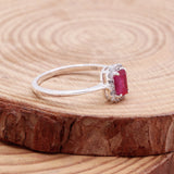 Ruby Sterling Silver Ring Natural Pink Gemstone with CZ Halo Design