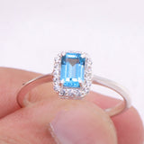 Blue Topaz Sterling Silver Ring Natural Sky Blue Gemstone with CZ Halo