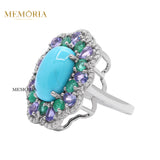 Natural Turquoise, Emerald Gemstone and Diamond 925 Sterling Silver Ring