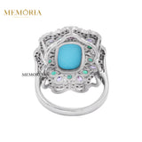 Natural Turquoise, Emerald Gemstone and Diamond 925 Sterling Silver Ring