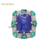 Natural Tanzanite, Emerald Gemstone With Diamond 925 Sterling Silver Ring