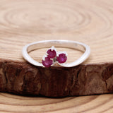 Ruby Sterling Silver Ring Natural Pink Gemstone Three Stone Cluster Design