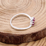 Ruby Sterling Silver Ring Natural Pink Gemstone Three Stone Cluster Design