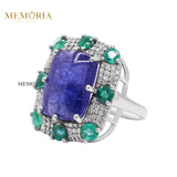 Natural Tanzanite, Emerald Gemstone With Diamond 925 Sterling Silver Ring