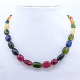 1  Line Natural Multi Tourmaline Oval Shaped Cabochon Cut Spiritual Healing Gemstone Beads Strand 925 Silver Necklace